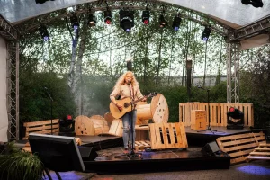 Digitales Konzert Künstlerin mit Gitarre auf der Bühne